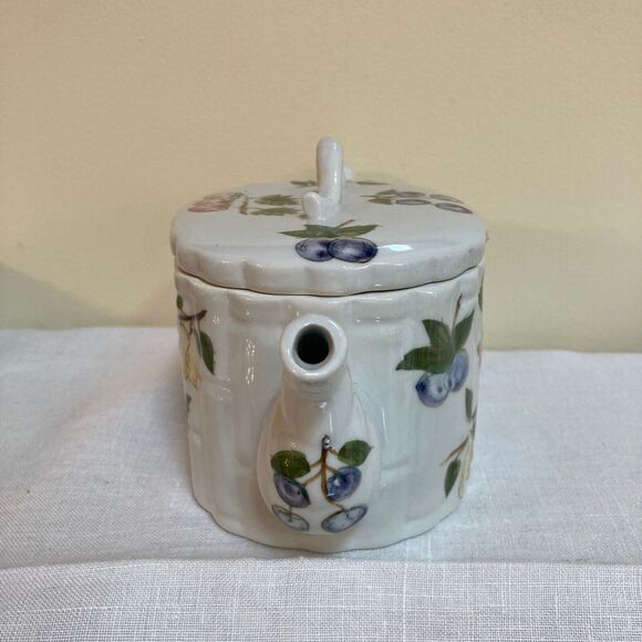 Vintage 90s Tea Pot with Painted Fruit and Berries with Elephant Trunk Spout EUC - Picture 2 of 6